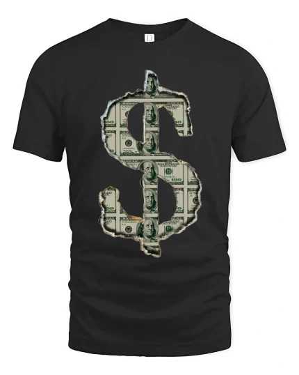 Bold Dollar Sign Money Tee With Cash Art And Hustle Energy - black t-shirt on white background