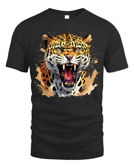 Fierce Roaring Leopard Tee With Wild Power And Predator Energy - black t-shirt on white background