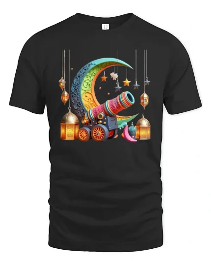 Magical Crescent Moon Cannon Tee With Lanterns And Star Art - black t-shirt on white background