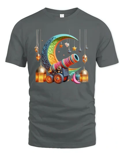Magical Crescent Moon Cannon Tee With Lanterns And Star Art - gray t-shirt on white background