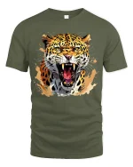 Fierce Roaring Leopard Tee With Wild Power And Predator Energy - military green t-shirt on white background