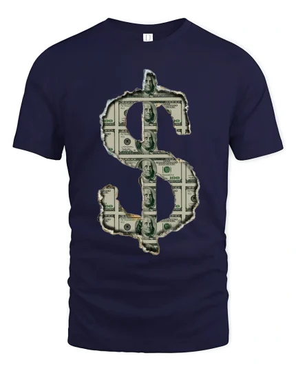 Bold Dollar Sign Money Tee With Cash Art And Hustle Energy - navy t-shirt on white background