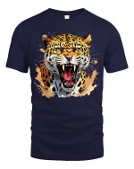 Fierce Roaring Leopard Tee With Wild Power And Predator Energy - navy t-shirt on white background