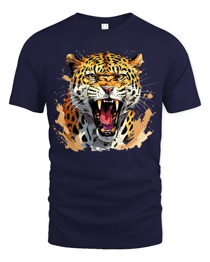Fierce Roaring Leopard Tee With Wild Power And Predator Energy - navy t-shirt on white background