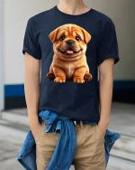Adorable Smiling Puppy Tee With Cute Expression And Cozy Charm - model wearing navy tee with hands in pockets