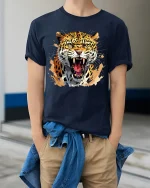 Fierce Roaring Leopard Tee With Wild Power And Predator Energy - model wearing navy tee with hands in pockets