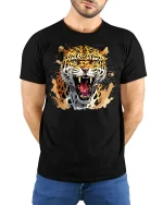 Fierce Roaring Leopard Tee With Wild Power And Predator Energy - model wearing black tee with hands behind back