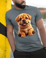 Adorable Smiling Puppy Tee With Cute Expression And Cozy Charm - model wearing grey tee, leaning on column
