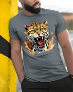 Fierce Roaring Leopard Tee With Wild Power And Predator Energy - model wearing grey tee, leaning on column