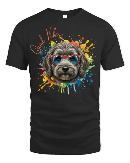 Good Vibes Color Splash Dog With Glasses Graphic Tee Shirt - black t-shirt on white background