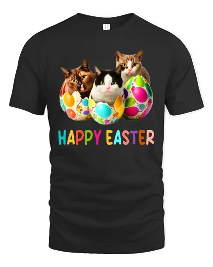 Happy Easter Cats Graphic Tee With Colorful Egg Surprise - black t-shirt on white background