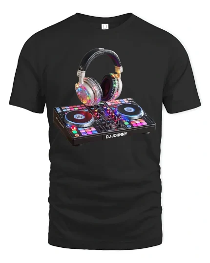 Colorful DJ Controller Headphones Music Party Graphic Tee - black t-shirt on white background
