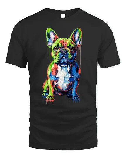 Colorful French Bulldog Tee With Vibrant Modern Paint Splash Art - black t-shirt on white background