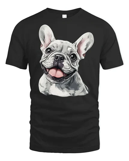 Happy French Bulldog Smiling Face Cute Dog Graphic Tee - black t-shirt on white background