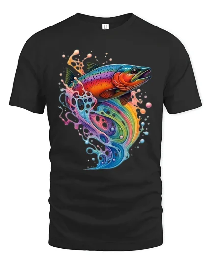 Rainbow Splash Fish Art Tee With Vibrant Ocean Energy Style - black t-shirt on white background