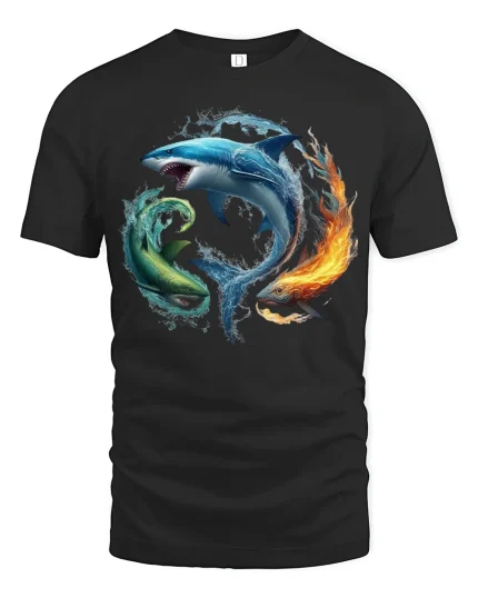 Elemental Shark And Fire Fish Fusion Tee With Epic Energy Art - black t-shirt on white background