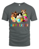 Happy Easter Cats Graphic Tee With Colorful Egg Surprise - gray t-shirt on white background