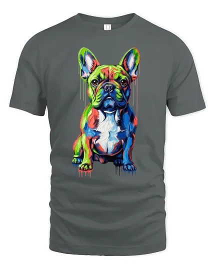 Colorful French Bulldog Tee With Vibrant Modern Paint Splash Art - gray t-shirt on white background