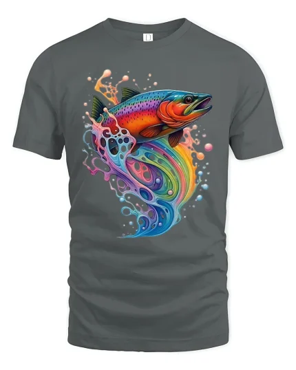 Rainbow Splash Fish Art Tee With Vibrant Ocean Energy Style - gray t-shirt on white background