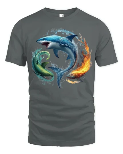Elemental Shark And Fire Fish Fusion Tee With Epic Energy Art - gray t-shirt on white background