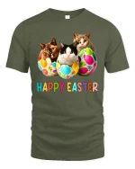 Happy Easter Cats Graphic Tee With Colorful Egg Surprise - military green t-shirt on white background