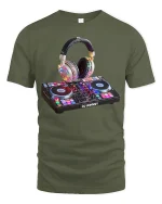 Colorful DJ Controller Headphones Music Party Graphic Tee - military green t-shirt on white background