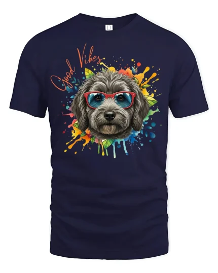 Good Vibes Color Splash Dog With Glasses Graphic Tee Shirt - navy t-shirt on white background
