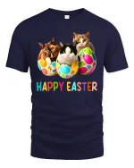 Happy Easter Cats Graphic Tee With Colorful Egg Surprise - navy t-shirt on white background