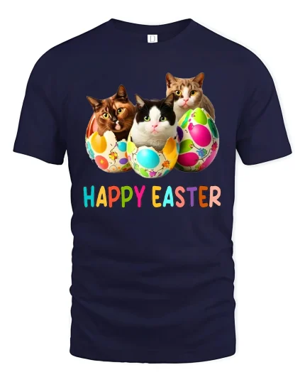 Happy Easter Cats Graphic Tee With Colorful Egg Surprise - navy t-shirt on white background