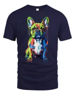 Colorful French Bulldog Tee With Vibrant Modern Paint Splash Art - navy t-shirt on white background