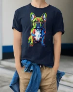 Colorful French Bulldog Tee With Vibrant Modern Paint Splash Art - model wearing navy tee with hands in pockets