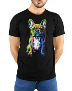 Colorful French Bulldog Tee With Vibrant Modern Paint Splash Art - model wearing black tee with hands behind back