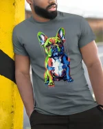 Colorful French Bulldog Tee With Vibrant Modern Paint Splash Art - model wearing grey tee, leaning on column