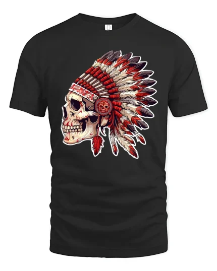 Tribal Skull Headdress Graphic T Shirt With Bold Warrior Spirit - black t-shirt on white background