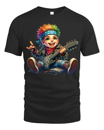 Funny Rock Baby Guitar Graphic T Shirt With Cute Rebel Energy - black t-shirt on white background
