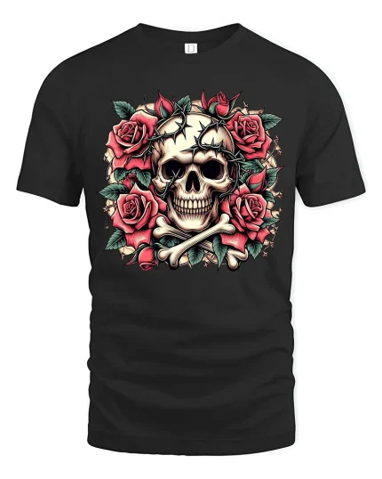 Gothic Skull And Roses Graphic T Shirt With Dark Romantic Art - black t-shirt on white background