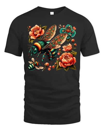 Vintage Floral Bee Graphic T Shirt With Elegant Nature Beauty - black t-shirt on white background