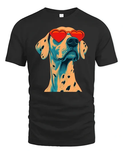 Funny Dalmatian Dog Graphic T Shirt With Heart Sunglasses Style - black t-shirt on white background