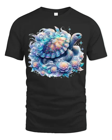 Dreamy Fantasy Turtle Art Graphic T Shirt With Calm Ocean Vibes - black t-shirt on white background