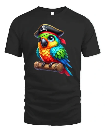 Funny Pirate Parrot Graphic T Shirt With Colorful Cartoon Style - black t-shirt on white background