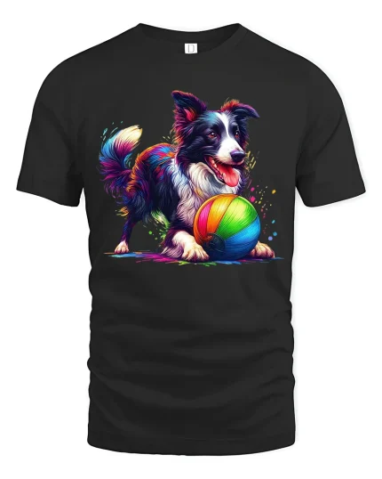 Playful Colorful Dog Graphic T Shirt With Happy Rainbow Energy - black t-shirt on white background