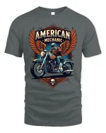 American Mechanic Motorcycle Graphic T Shirt With Classic Biker Pride - gray t-shirt on white background