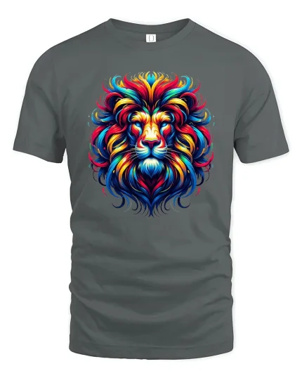 Colorful Lion Art Graphic T Shirt With Bold Creative Energy - gray t-shirt on white background