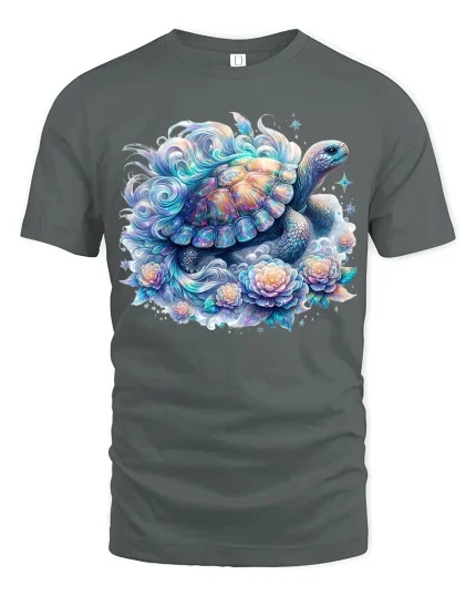 Dreamy Fantasy Turtle Art Graphic T Shirt With Calm Ocean Vibes - gray t-shirt on white background