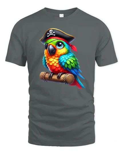 Funny Pirate Parrot Graphic T Shirt With Colorful Cartoon Style - gray t-shirt on white background
