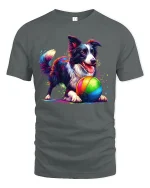 Playful Colorful Dog Graphic T Shirt With Happy Rainbow Energy - gray t-shirt on white background