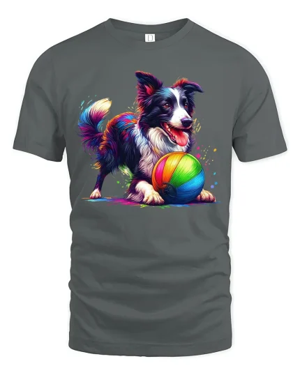 Playful Colorful Dog Graphic T Shirt With Happy Rainbow Energy - gray t-shirt on white background