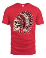 Tribal Skull Headdress Graphic T Shirt With Bold Warrior Spirit - red t-shirt on white background