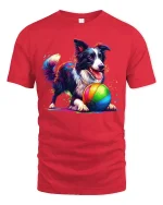 Playful Colorful Dog Graphic T Shirt With Happy Rainbow Energy - red t-shirt on white background