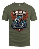 American Mechanic Motorcycle Graphic T Shirt With Classic Biker Pride - military green t-shirt on white background
